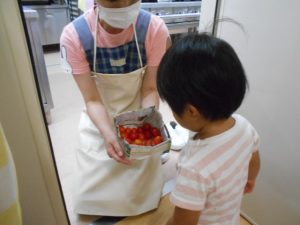 収穫したトマトを調理室へ持って行く園児