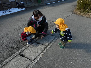 何かを見つけて指さしす園児