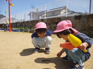 鳥の羽を見つめる２人の園児